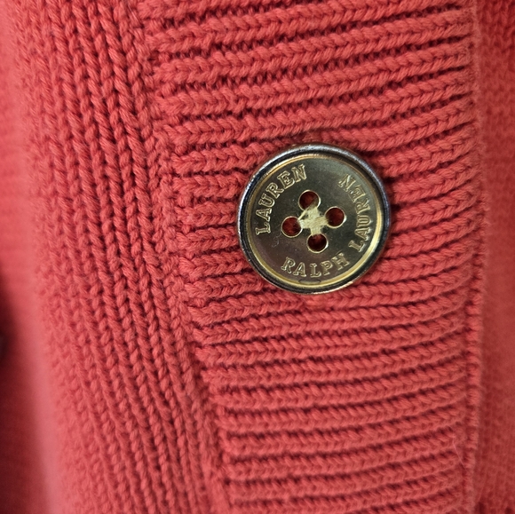 RALPH LAUTEN- Orange Knit Gold Buttoned Cardigan. Size Large - Picture 3 of 12
